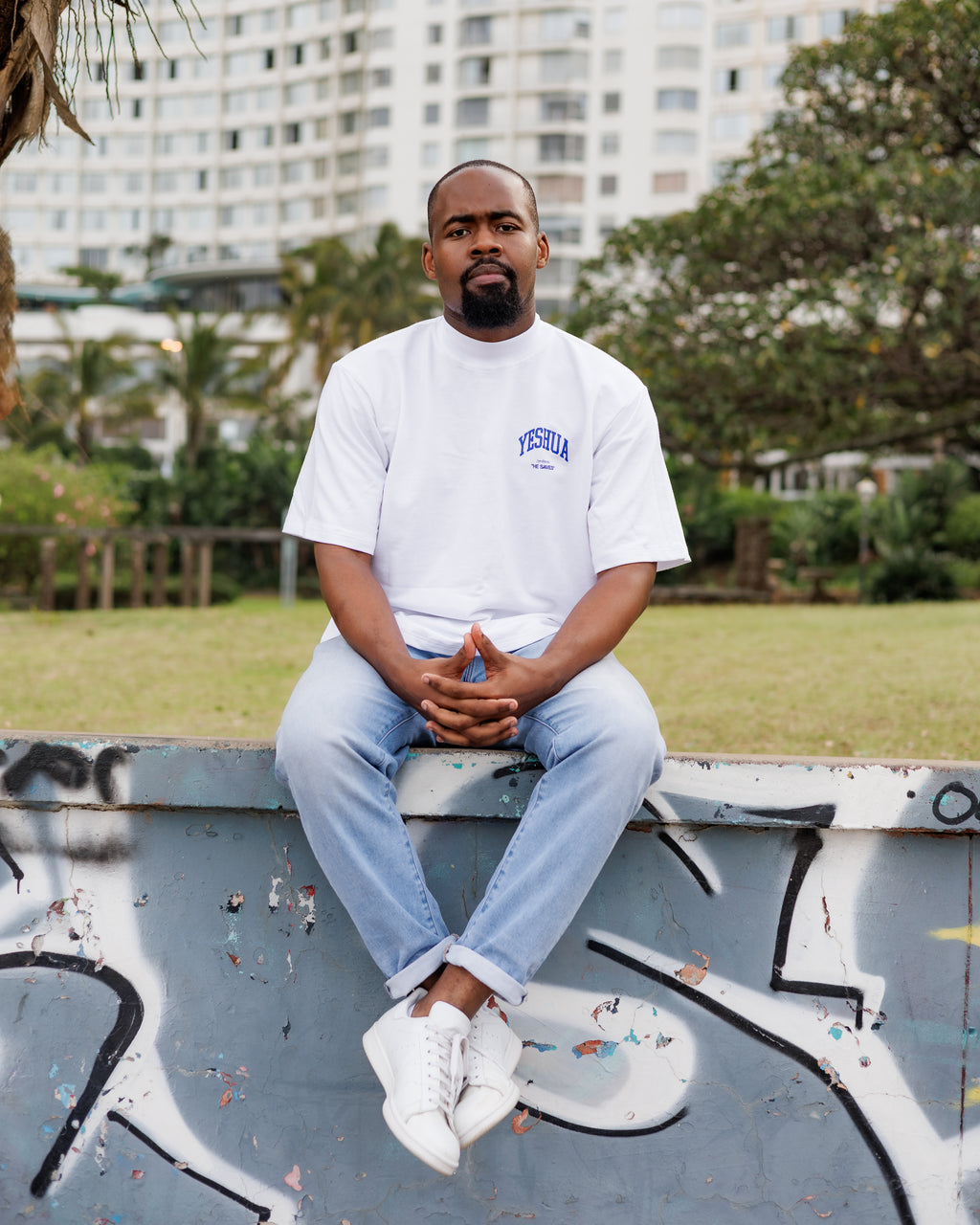 He Saves White Ribbed Crew-Neck Tee