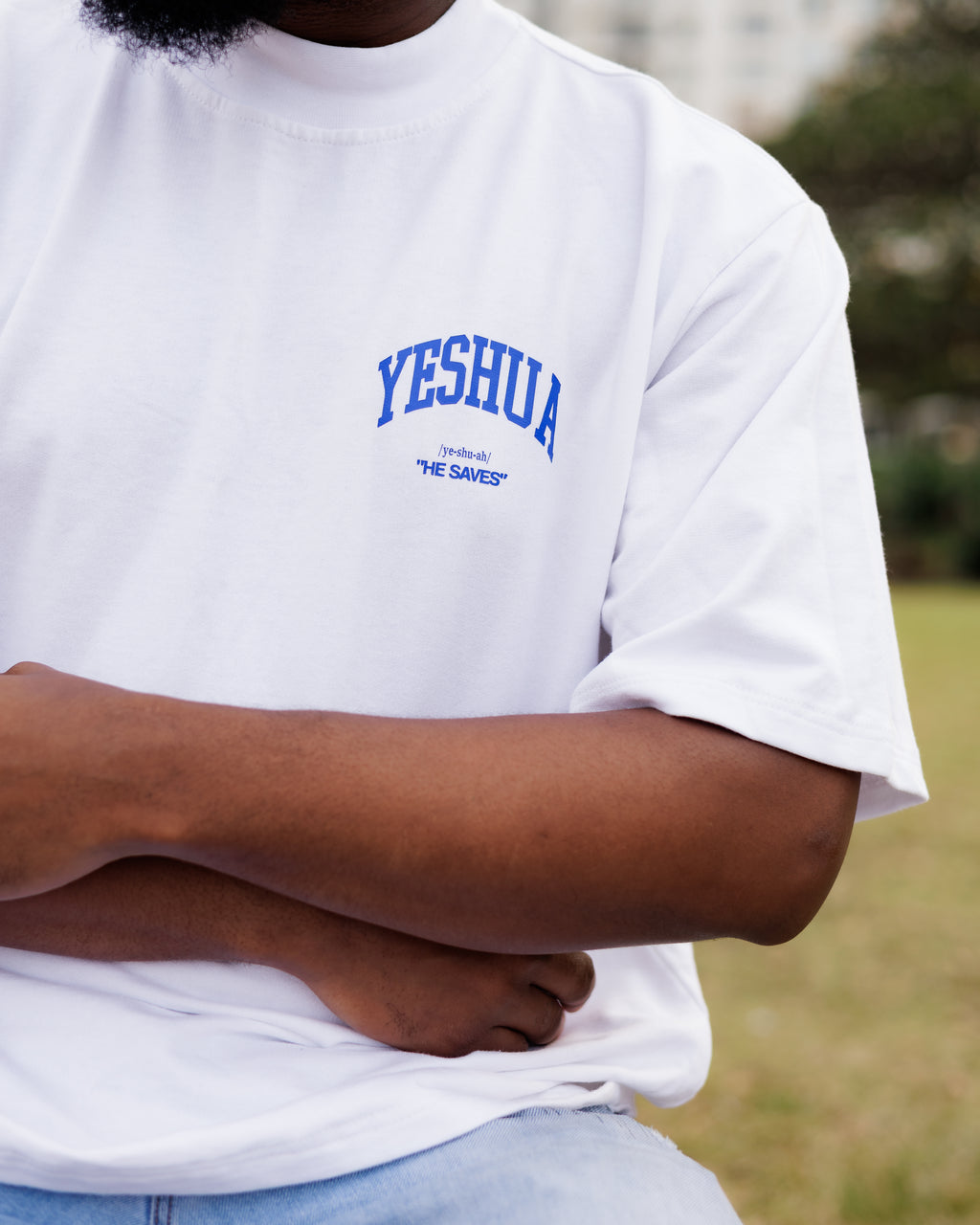 He Saves White Ribbed Crew-Neck Tee