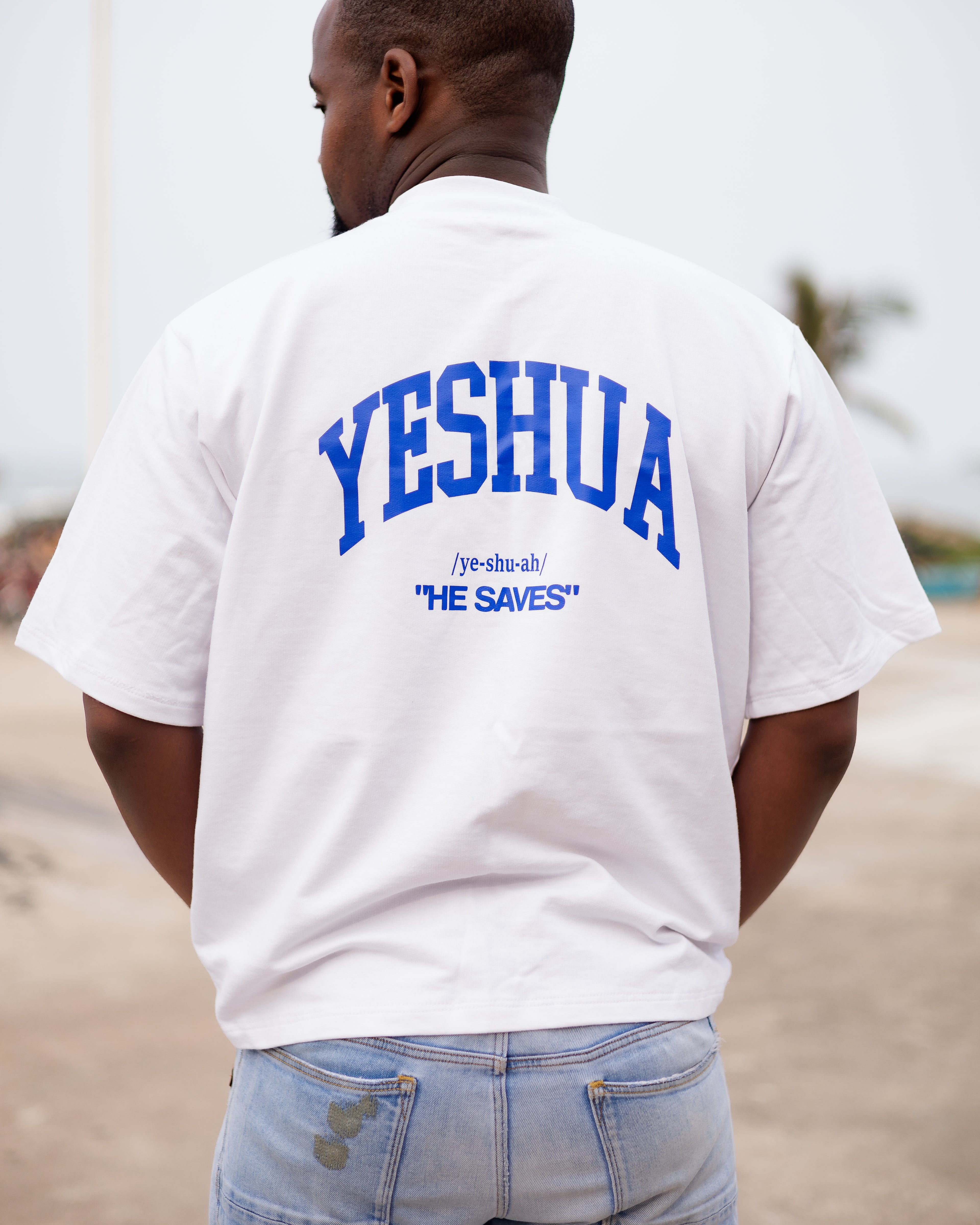 He Saves White Ribbed Crew-Neck Tee